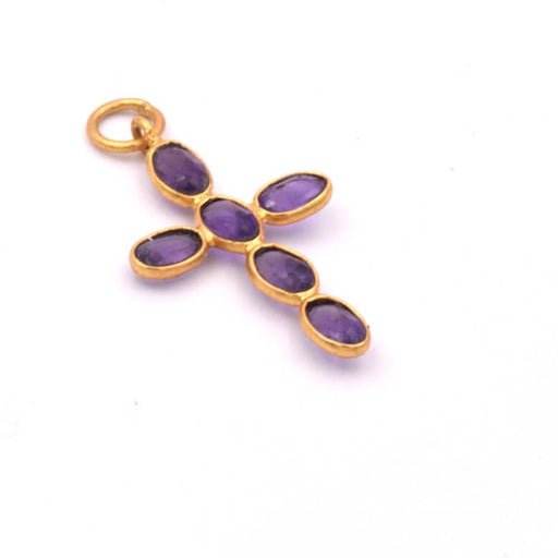 Kaufen Sie Perlen in Deutschland Kreuzanhänger mit 6 Amethysten, Set aus Sterlingsilber, Flash-Gold, 24 x 16 mm (1)