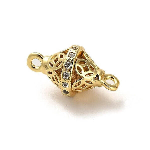 Kaufen Sie Perlen in Deutschland Doppelkegel-Pendelverbinder aus goldenem Messing besetzt mit Zirkonen 15 x 8 mm (1)