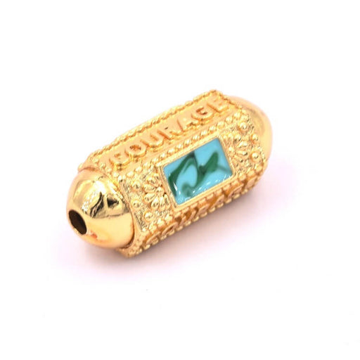 Kaufen Sie Perlen in Deutschland Ethnische sechseckige Zylinderperle, goldene Qualität und grüne Emaille, 19 x 9 mm – (1)