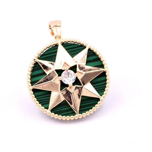 Kaufen Sie Perlen in Deutschland Runder Messinganhänger, 20 mm, synthetischer Malachit mit Stern und Zirkon (1)