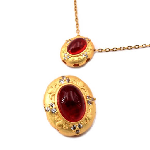 Kaufen Sie Perlen in Deutschland Ovale Mehrstrangperle – Mattgoldmessing – 12 x 10 mm – roter Cabochon (1)