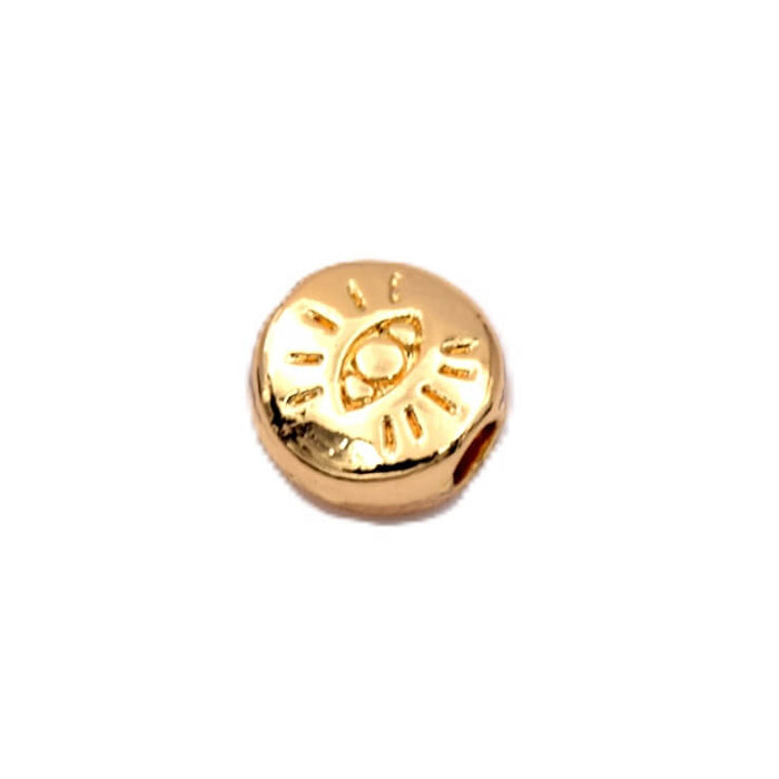 Runde flache Perle mit graviertem Auge – goldfarbenes Messing – 6 mm – Loch: 1.2 mm (1)