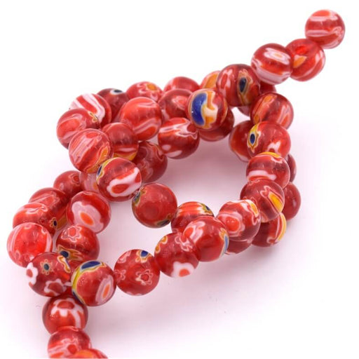 Kaufen Sie Perlen in Deutschland Millefiori-Perlen rund rot 8 mm – Loch 1 mm (1 Strang)