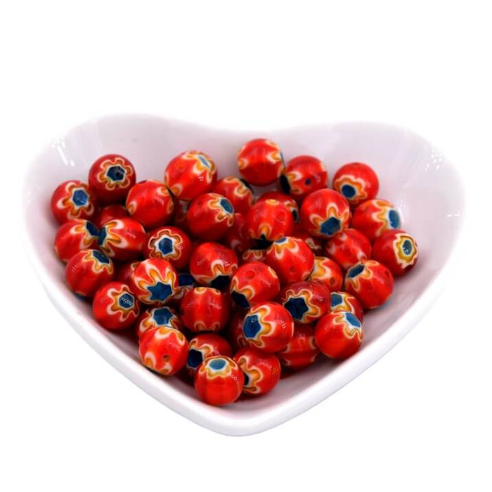 Rote Millefiori-Perlen – 8–9 mm – Loch: 0.8 mm (20)