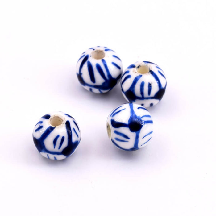 Porzellan-Rundperle – Weiß und Blau – 10 mm – Loch: 2 mm (4)