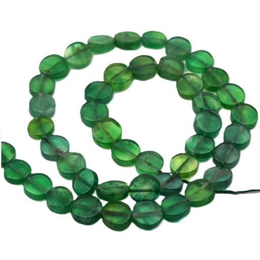 Kaufen Sie Perlen in Deutschland Grüner Onyx flach rund Perle 7-10mm - Loch: 0.5mm (1 Strang - 34cm)