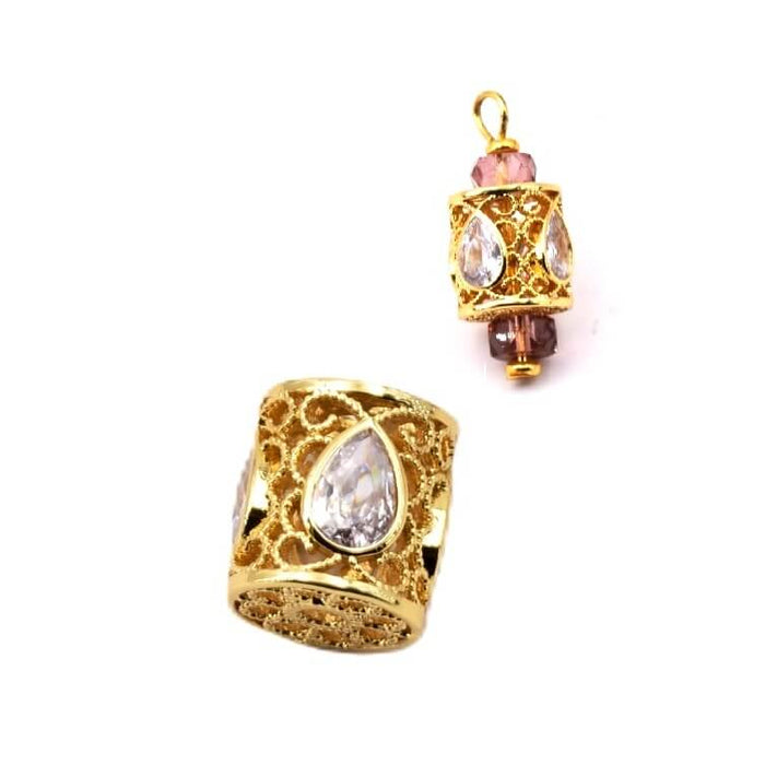 Röhrenperle mit Zirkon Goldenes Messing 11 x 10 mm – Loch: 2 mm (1)