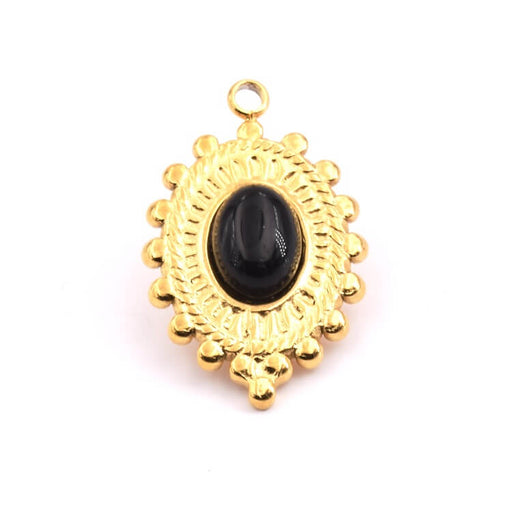 Anhänger Oval Gold Edelstahl - Schwarzer Onyx Cabochon 20x15mm (1)