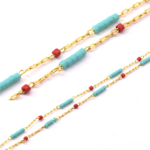 Kaufen Sie Perlen in Deutschland Kette Golden Steel und Miyuki Delica Rot und Türkis (20cm)
