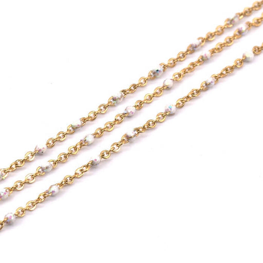 Kaufen Sie Perlen in Deutschland Feine Kette aus Edelstahl golden mit schillernder weißer Emaille AB 1.5x1x0.2 mm (50 cm)