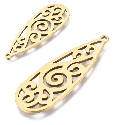 Kaufen Sie Perlen in Deutschland Tropfen-Anhänger Openwork Edelstahl Golden 34x12mm (1)