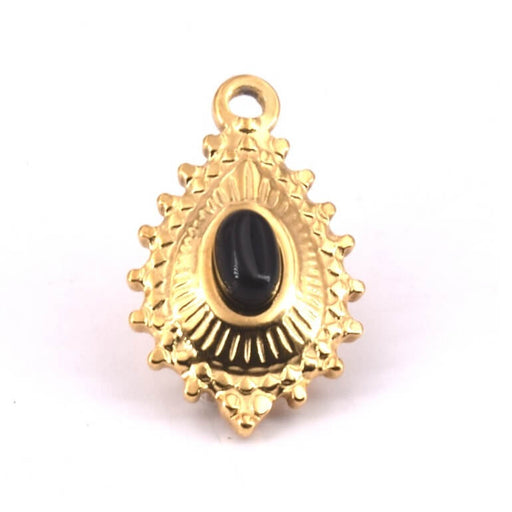 Tropfen-Anhänger Stahl Gold und schwarzer Stein Cabochon 19x14mm (1)