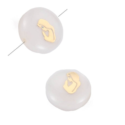 Kaufen Sie Perlen in Deutschland Natürliche weiße Muschel Flache runde Perle mit goldener Jungfrau 8x3,5 mm, Loch 0,7 mm (2)