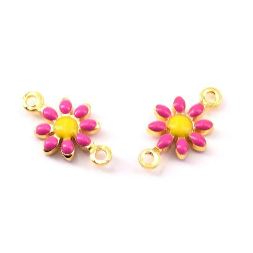 Kaufen Sie Perlen in Deutschland Gänseblümchen-Blumen Verbinder FUSHIA Emaille Goldenes Messing 7 mm (2)