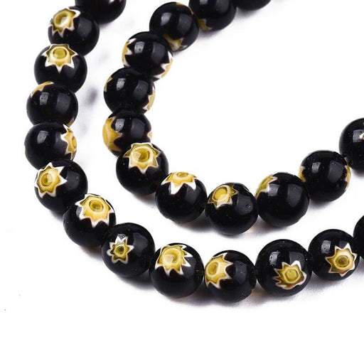 Kaufen Sie Perlen in Deutschland Millefiori Schwarze und Gelbe runde Perlen 6mm, 37cm (1 Strang)