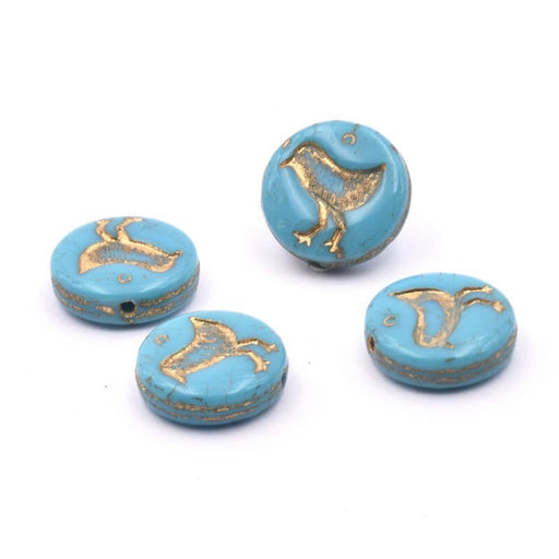 Kaufen Sie Perlen in Deutschland Tschechisches Druckglas Vogel Turquoise Blau and Gold 12mm (4)