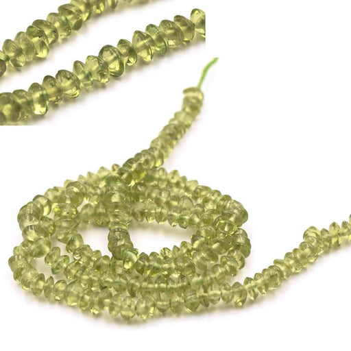 Kaufen Sie Perlen in Deutschland Heishi Beads Doppelkegelperlen chips Peridot 4mm, Loch 0.5mm (1 Strang)