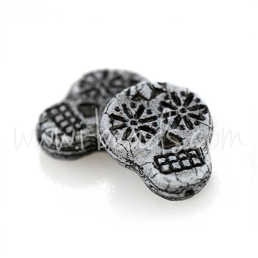 Kaufen Sie Perlen in Deutschland Tschechisches Druckglas Sugar Skull Grau Schwarz 15x19mm (2)