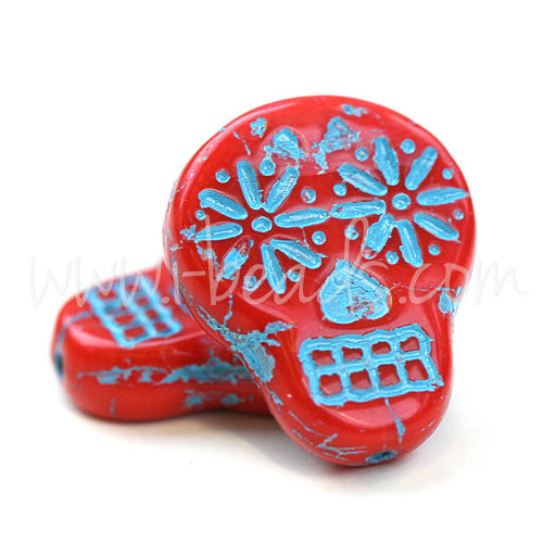 Kaufen Sie Perlen in Deutschland Tschechisches Druckglas Sugar Skull Rot Blau 15x19mm (2)