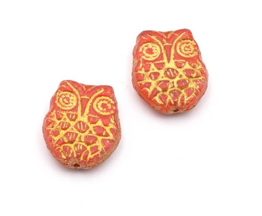 Kaufen Sie Perlen in Deutschland Tschechisches Druckglas Gehörnte Eule rot -gold 18x15mm (2)