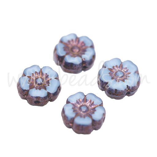 Kaufen Sie Perlen in Deutschland Tschechisches Druckglas Hibiskusblüte Blau und Violett Bronze 9mm (4)