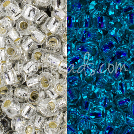 Kaufen Sie Perlen in Deutschland ccPF2701S - Toho Rocailles Perlen 11/0 Glow in the dark silver-lined crystal/glow blue permanent finish (10g)