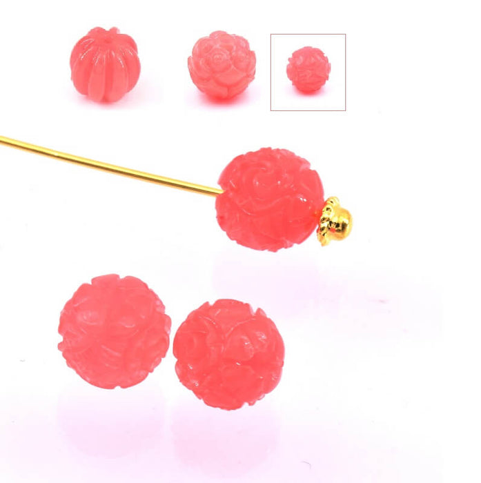 Runde Perle geschnitzt Shell Blume gefärbt rosa Koralle 8 mm, Trou 1 mm (2)